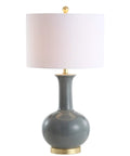 27 Inch Gray And Brass Ceramic Table Lamp For Living Room And Bedroom With White Linen Drum Shade Modern Transitional Nightstand Lamp LED Bulb Included Energy Efficient And ETL Listed