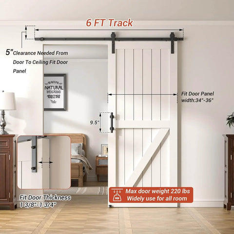 Heavy Duty Sliding Barn Door Hardware Kit With 6 Ft Track, Floor Guide And Pull Handle Set For 34 To 36 Inch Doors, Easy Install