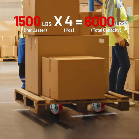 Six Inch Kingpinless Polyurethane Swivel Caster With Reinforced Steel Core 1500 Pound Heavy Duty Rating on a pallet with boxes.