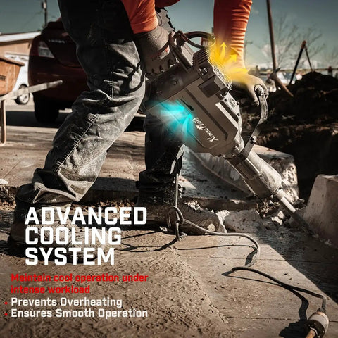 Person using Workhorse 2800 Watt Electric Demolition Jack Hammer For Concrete Breaking With 1900 Impacts Per Minute And 55 Joules