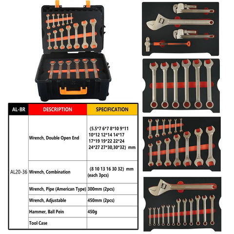 36 Piece Non Sparking Tool Set With Double Open End Wrenches And Combination Wrenches Pipe Wrenches Ball Pein Hammer Aluminum Bronze