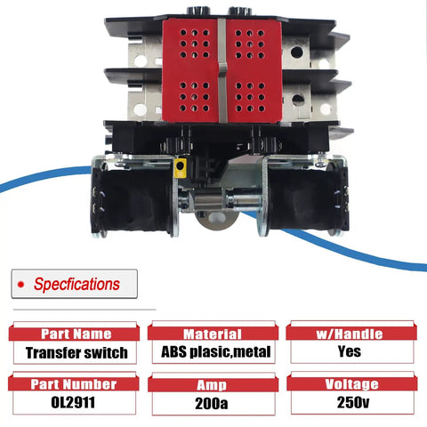 200A Automatic Transfer Switch With Handle For 250V 2 Pole Generator Replacement Part 0L2911 0D9618 Compatible Switch Assembly Built For Standby Power And Home Backup Systems Heavy Duty Easy Install Bridge Between Utility And Generator, ABS plastic and metal