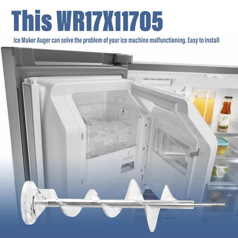 Upgrade Ice Maker Dispenser Auger For Refrigerator Replacement Parts Includes WR17X11705 shown with ice bucket inside fridge.