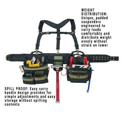 Heavy Duty Framer Tool Belt Apron With Comfort Lift Padded Suspenders 31 Pocket Carpenter Belt laid flat showing tool pockets