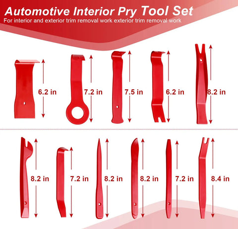 11-piece red plastic tools from 19 Piece Car Trim Removal Tool Kit With Clip Pliers And Fastener Remover Set For Door Panels Audio Dash Window And Upholstery