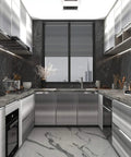 Modern kitchen featuring Stainless Steel Look Peel And Stick Countertop Wrap 24x197 Diy Friendly Waterproof Oilproof Heat Resistant Metallic Wallpaper For Kitchen Appliances Fridge And Dishwasher on cabinets and appliances.