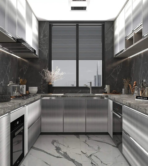 Modern kitchen featuring Stainless Steel Look Peel And Stick Countertop Wrap 24x197 Diy Friendly Waterproof Oilproof Heat Resistant Metallic Wallpaper For Kitchen Appliances Fridge And Dishwasher on cabinets and appliances.