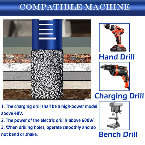 8 Piece Diamond Drill Bit Set For Tile And Stone used with hand, charging, and bench drills, demonstrating drill compatibility.