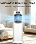 Two In One Evaporative Air Cooler And Portable Space Heater Tower Unit For No Sweat Setup Total Cool Breeze And Quick Warmth All Season Adjustable Modes For Home Office Compact Climate Control in a modern bedroom setting.