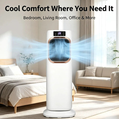 Two In One Evaporative Air Cooler And Portable Space Heater Tower Unit For No Sweat Setup Total Cool Breeze And Quick Warmth All Season Adjustable Modes For Home Office Compact Climate Control in a modern bedroom setting.