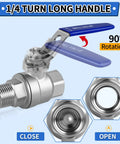 Front view of 3/4 inch stainless steel ball valve, locking handle, NPT threaded, showing open/close mechanism, industrial use.