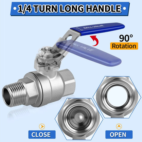 Front view of 3/4 inch stainless steel ball valve, locking handle, NPT threaded, showing open/close mechanism, industrial use.