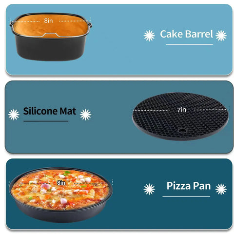 12 Piece Air Fryer Accessory Kit For Square Air Fryers Includes Cake Barrel, Pizza Pan, Silicone Mat with dimensions labeled