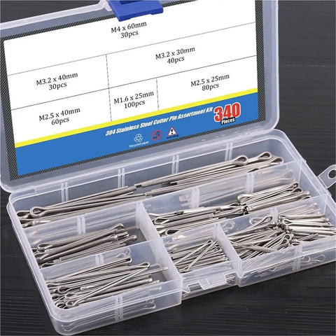 680 Piece Cotter Pin Assortment Kit In 304 Stainless Steel With Hairpin R Clips in open box with labeled sections