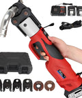 Heavy Duty Cordless Electric Hydraulic Pipe Press Tool With 38kN Crimping Power Fast 3 Second Operation And Smooth 360 Degree Rotation For Stainless Steel Copper Pipes Efficient One Button Control Ergonomic Design in hand with accessories.