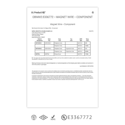 UL certification page for 20 AWG Magnet Wire Enamel Copper for Transformers and Motors, Double Insulated, Heavy Duty High Temp Use