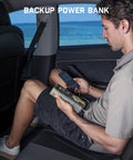 Man using Fast Inflate Portable Tire Inflator With 150 PSI Cordless Power And LED Dual Screen as backup power bank in car