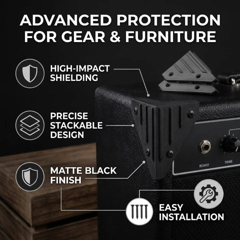 Speaker Corner Protector For Cabinets, Guitar Amps, And Furniture, stackable right angle corner guard with screws, black finish