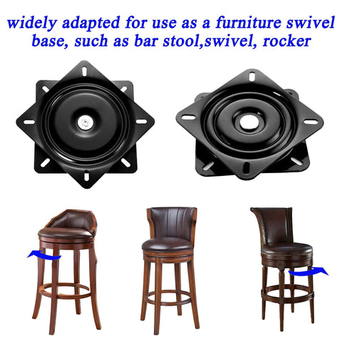 6 Inch Beefy Heavy Duty Swivel Plate With Solid Ball Bearing Ring And Full Ball Design For Ultra Smooth 360 Degree Rotation, Square Steel Replacement Part Fits Bar Stools Chairs Recliners Boat Seats And TV Tables shown with bar stools for use demonstration