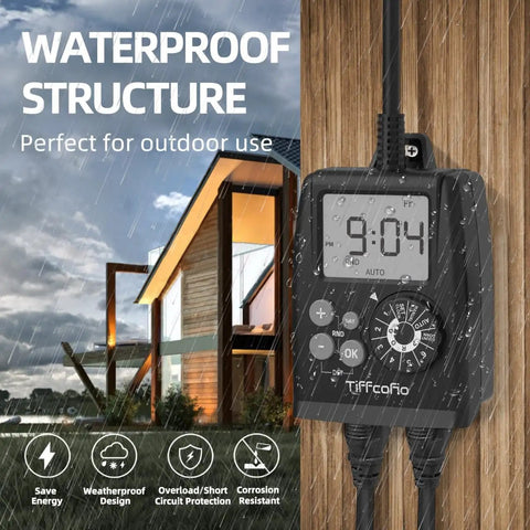 No Sweat Digital Outdoor Timer Outlet Featuring Easy Dial Programming And A Huge Clear Display Waterproof dual socket layout in rain.
