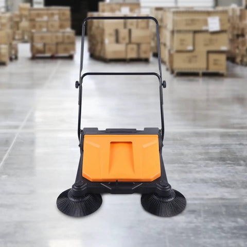 Deturprostore Walk Behind Floor Sweeper 27 Inch Wide Manual Push Broom Clean Up Garage Patio Deck With Big Dustpan. Foldable Handle Adjustable Height For Indoor Warehouse Outdoor Use No Electricity Needed Super Easy To Store