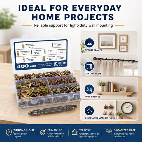 Workhorse 400 Piece Self Drilling Drywall Anchor And Screw Kit With 170 Expansion Anchors 200 Drywall Screws And 50mm Double Ended Driver Bit For Quick Strong All In One Hollow Wall Mounts in case