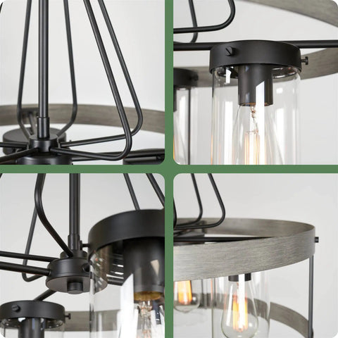 Close-up of Hayden 25 Inch 4 Light Modern Farmhouse Drum Pendant Light With Cylinder Glass Shades, gray oak finish, wiring details