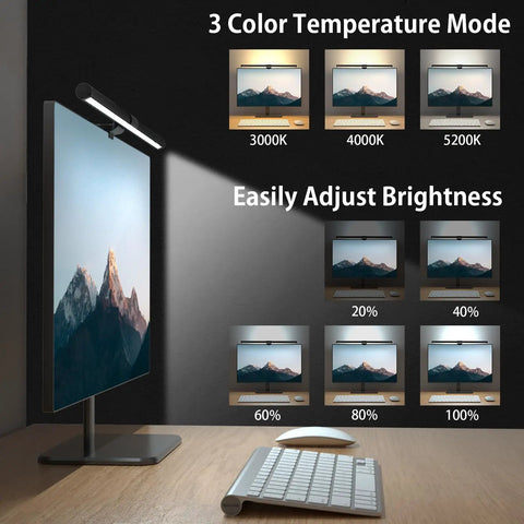 Monitor Light Bar For Eye Care With CRI 90, USB Powered Reading And Task Lamp, dimmable with 3 color modes on monitor display.