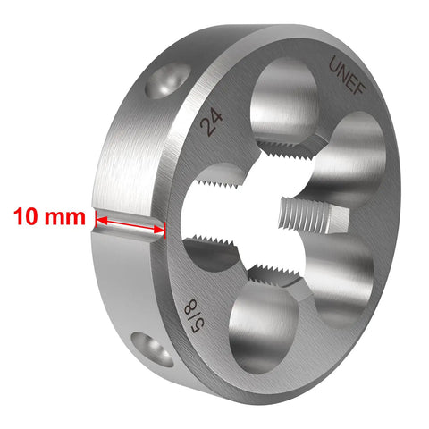 Close-up view of 5/8-24 UNEF Tap And Die Set For Right Hand Machine Threads Pro Grade Round Die showing 10mm width