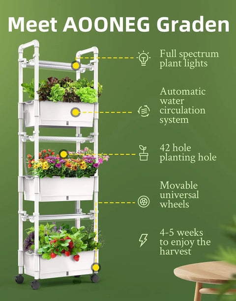 Indoor Hydroponic Garden Kit For Homegrown Herbs With 42 Pods, 3 Tier White Gloss Finish, LED Grow Lights, Auto Timer displayed