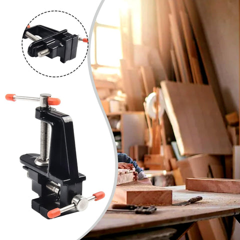 Handy Space Saving Mini Bench Vise with cast aluminum body and steel screw and handle in a woodworking shop setting
