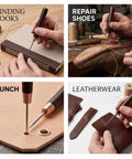 Top Shelf 3 Piece Scratch Awl Tool Set Featuring Sick Ergonomic Wood Grips And Razor Sharp Tips For Leather Crafting Sewing And Fine Woodworking Fixes Kickass Compact Pocket Carry Kit Saves Desk Space with hands using awl on book binding, shoe repair, punching leather, and crafting leatherwear.