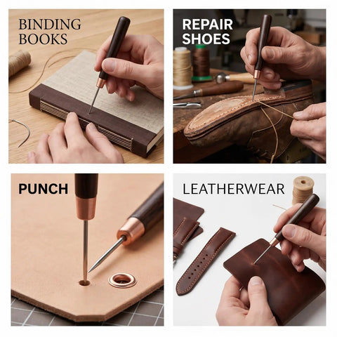 Top Shelf 3 Piece Scratch Awl Tool Set Featuring Sick Ergonomic Wood Grips And Razor Sharp Tips For Leather Crafting Sewing And Fine Woodworking Fixes Kickass Compact Pocket Carry Kit Saves Desk Space with hands using awl on book binding, shoe repair, punching leather, and crafting leatherwear.