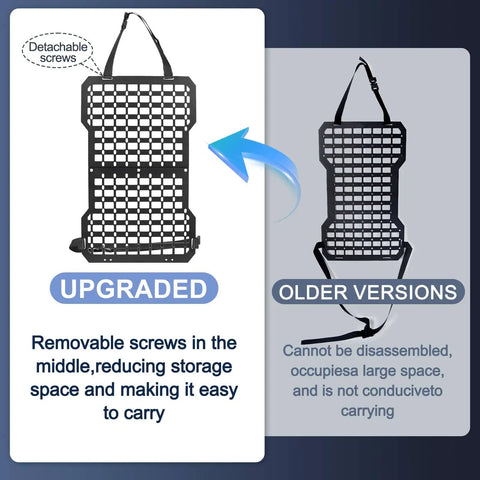 Vehicle MOLLE Panel Back Seat Organizer For Trucks And Boats Mount Rack With Fire Extinguisher Quick Mount Hook And Loop Fasteners Elastic Rope Adjustable Versatile Panel For Secure Gear And Easy Access, showing upgraded detachable screws version next to older version.