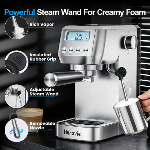 Total Game Changer 20 Bar Espresso Maker With Sleek LCD Display And Bulletproof Milk Frother with adjustable steam wand.