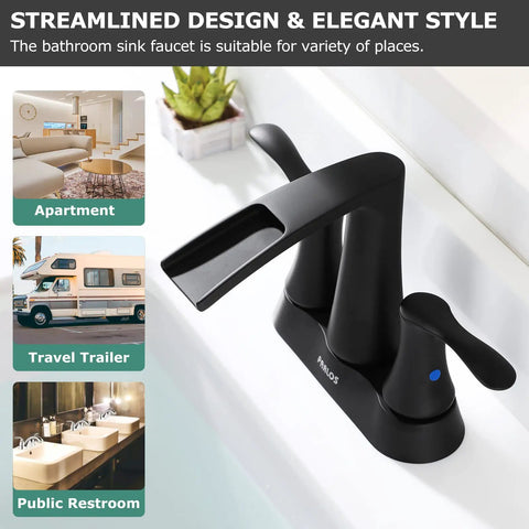 Two-Handle Waterfall Bathroom Faucet In Matte Black With Pop-Up Drain And Metal Supply Lines For Quick Install And Sleek Open-Channel Spout Vibe For A Modern Bath Upgrade on white bathroom sink