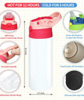 5 Pack 16 Oz Kids Sublimation Tumblers Sippy Cups With Leak Proof Stainless Steel Blank Water Bottles, lid and handle details.
