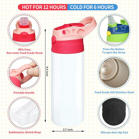 5 Pack 16 Oz Kids Sublimation Tumblers Sippy Cups With Leak Proof Stainless Steel Blank Water Bottles, lid and handle details.