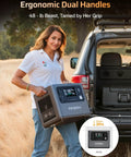 Woman holding Go To Portable Power Station P280 With 2800W Peak 2048Wh LiFePO4 Battery Expandable To 10kWh in outdoor setting