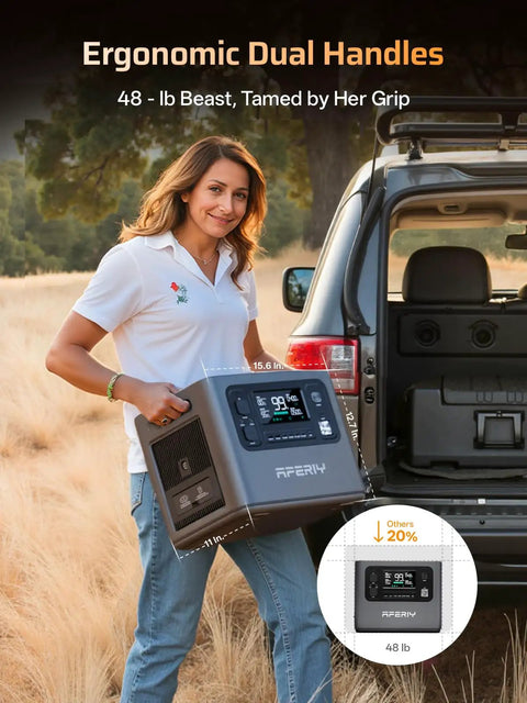 Woman holding Go To Portable Power Station P280 With 2800W Peak 2048Wh LiFePO4 Battery Expandable To 10kWh in outdoor setting