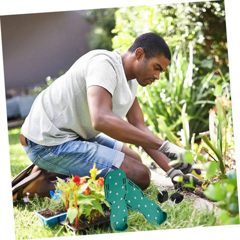 Gardener using durable nylon lawn aerator shoe straps for manual aerator shoes in garden.