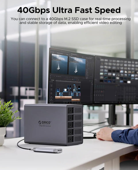 Goated Five Bay External Hard Drive Enclosure Rocking Thunderbolt 3 And 4 Compatibility With Blazing 40Gbps USB C Hub Transfer Speeds in an office setting.