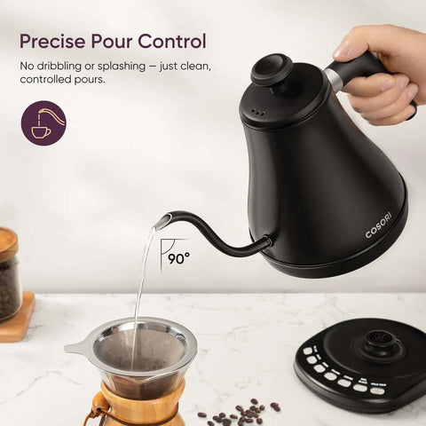 Pouring hot water from Gooseneck Electric Kettle With 5 Temperature Presets For Coffee And Tea, 0.8L Capacity, 1200W Rapid Boil
