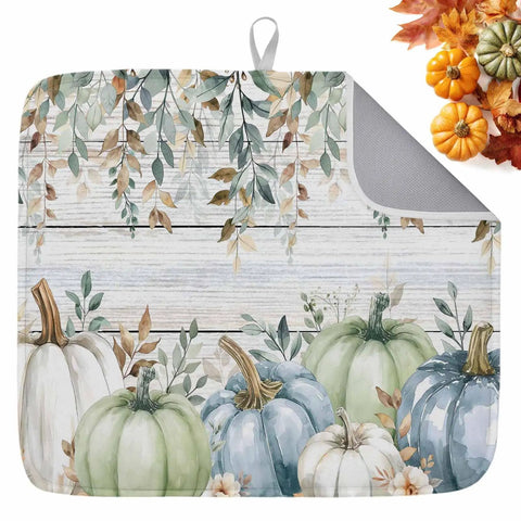 Cozy Fall Thanksgiving Dish Drying Mat For Kitchen Counter 18 By 24 Inches Sage Green Pumpkin Blue Eucalyptus Leaves Wood Grain Design Absorbent Microfiber