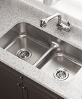 Undermount 32-1/2 Inch Double Bowl Kitchen Sink In 16 Gauge 304 Stainless Steel, Low Divide Design with broad-curved corners