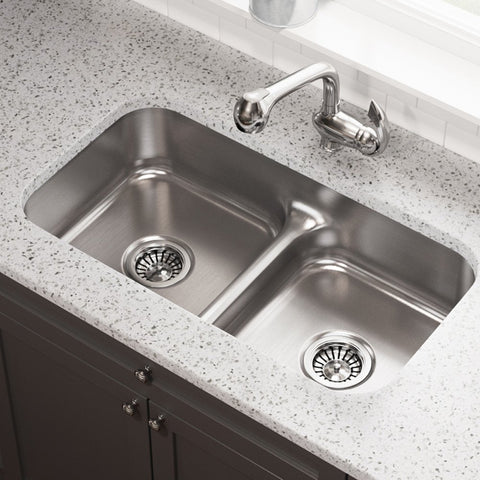 Undermount 32-1/2 Inch Double Bowl Kitchen Sink In 16 Gauge 304 Stainless Steel, Low Divide Design with broad-curved corners