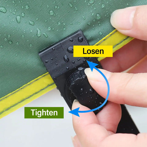 Hand adjusting 45Pcs Heavy Duty Tarp Clips Set With Lock Grip Carabiner Clips and Bungee Cords for weather-resistant tie downs.