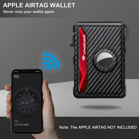 Smart Wallet For Men With AirTag Slot And RFID Blocking Minimalist Pop Up Aluminum Bifold Card Holder For 12 Or More Cards With ID Window Carbon Fiber Look A Dope Gift For Him shown next to a smartphone with tracking app.