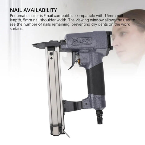 Slick Lightweight Pneumatic Brad Nailer delivering smooth air powered performance and hella comfortable ergonomic grip, showing nail viewing window.