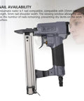 Rugged 18 Gauge Pneumatic Brad Nailer Boasting Quick Jam Release, side view showing gauge and loading mechanism.